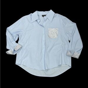 Gracia Light Blue Button-Up Shirt with Silver Accents on Sleeves and Pocket
